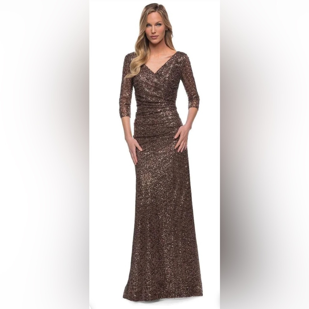 La Femme Bronze Sequin Long Sleeve Evening Gown
